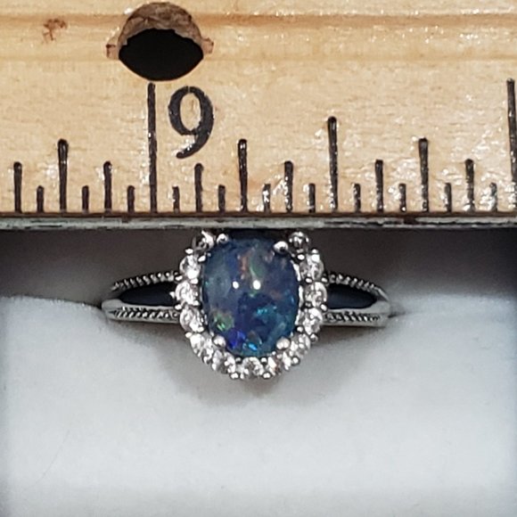 Boulder Opal & White Zircon Halo Ring in Platinum over 925 SS 1.85 cts sz 8 - Picture 3 of 6